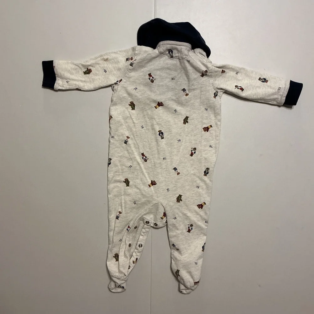 Polo Ralph Lauren Bear AOP‎ Footie Sleeper Baby Boy 9M Heather Grey Navy Preppy